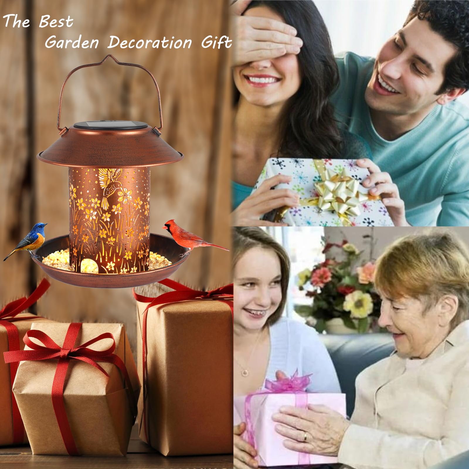 Tepaken solar bird feeder lit at night adds ambient light along walkways.