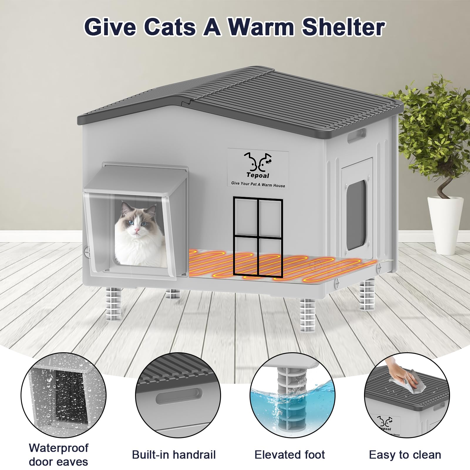Tepoal cat house interior roomy for 2-3 cats