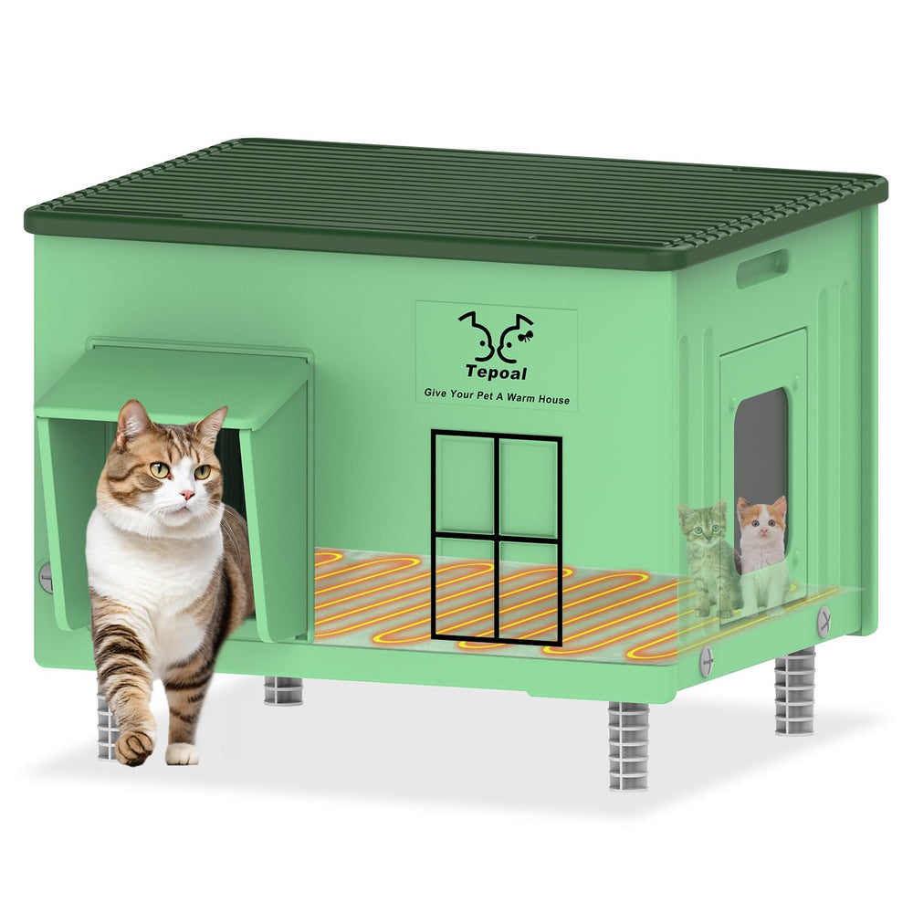 Tepoal heated cat house exterior green front view offering outdoor warmth