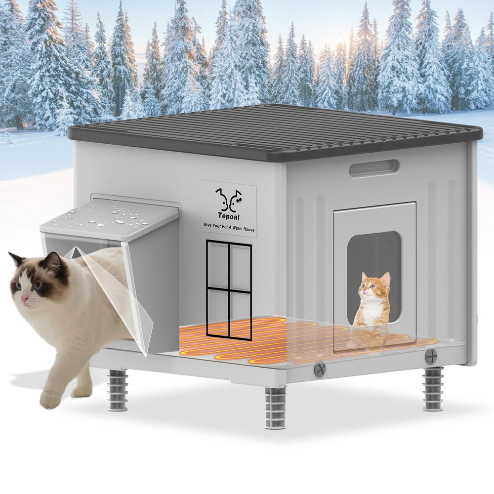 Tepoal heated cat house exterior keeps outdoor cats warm in winter.