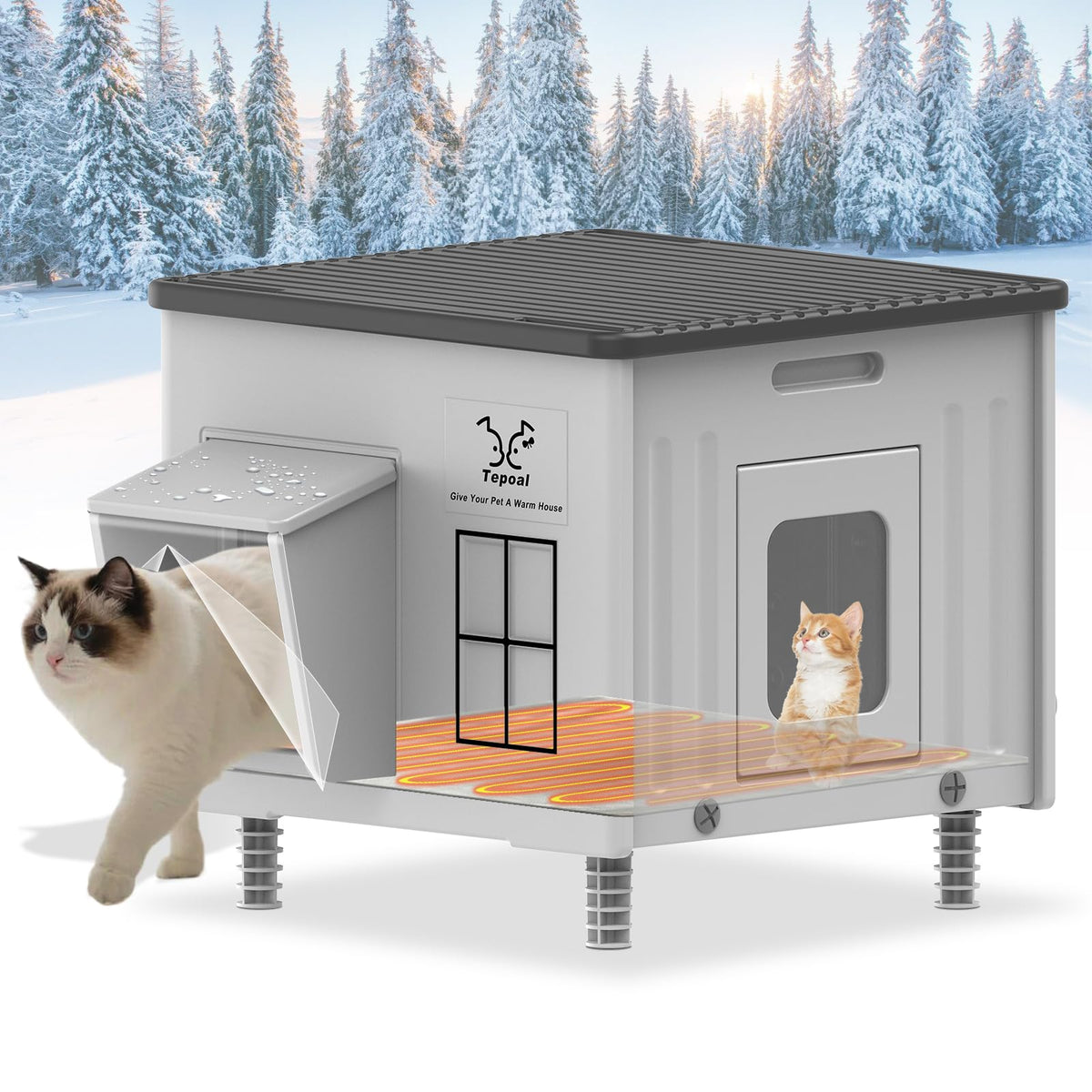 Tepoal heated cat house exterior keeps outdoor cats warm in winter.