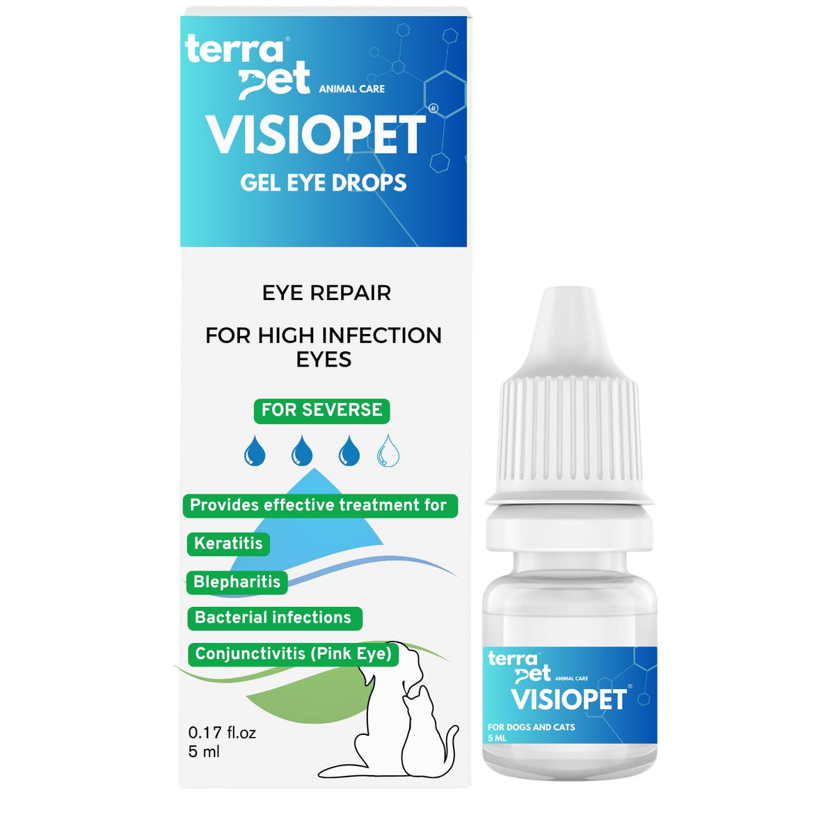TERRAPET Visiopet eye drops bottle front for daily pet eye care and tear-stain reduction.