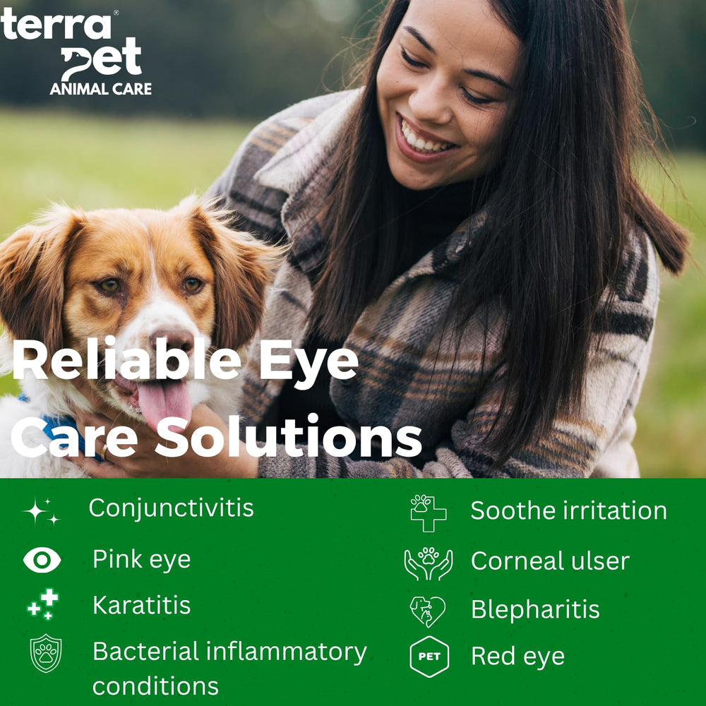TERRAPET Visiopet eye drops nozzle dispensing close-up showing precise application.