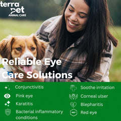 TERRAPET Visiopet eye drops nozzle dispensing close-up showing precise application.