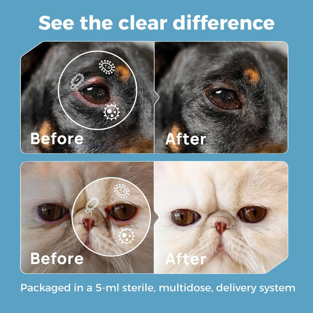 TERRAPET Visiopet tear stain cleaning close-up illustrates clean eye area.