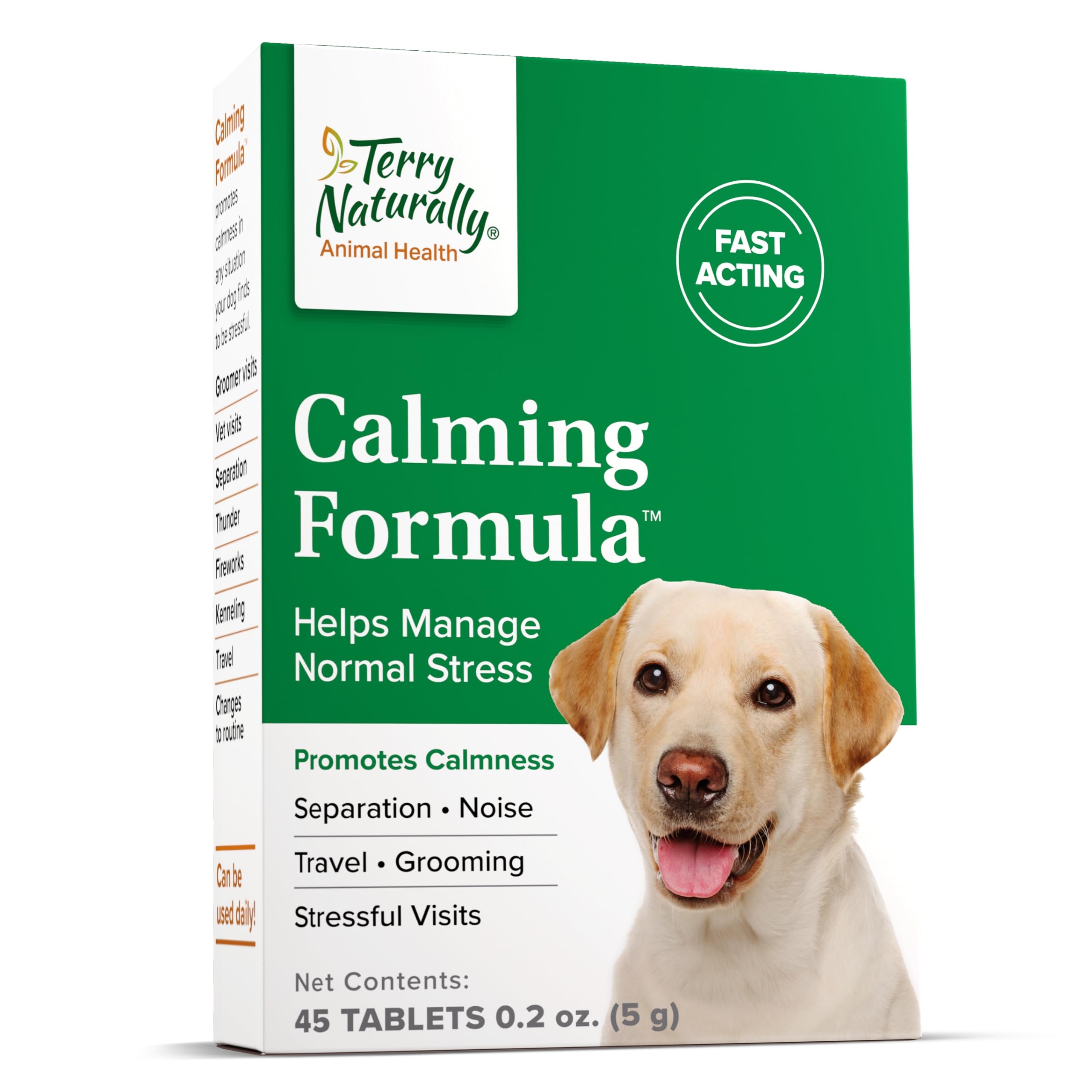 Terry Naturally Calming Formula bottle offers calming support for dogs during travel.