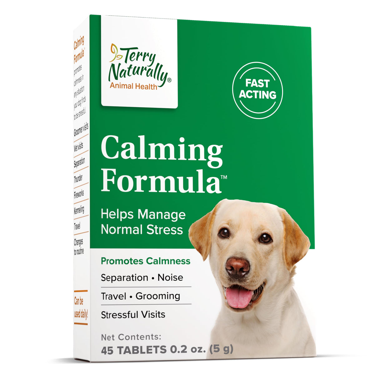 Terry Naturally Calming Formula bottle offers calming support for dogs during travel.