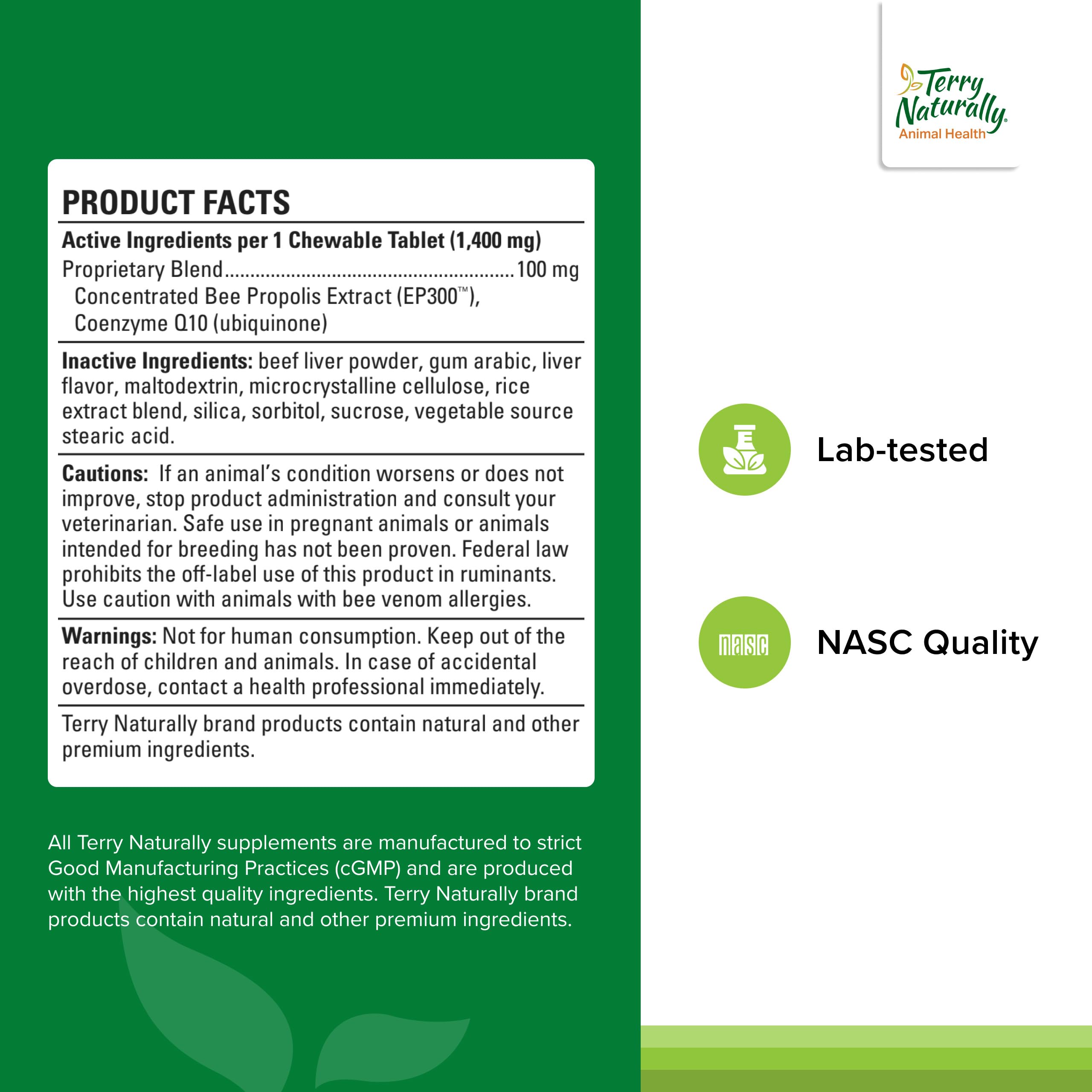 Terry Naturally CoQ10 Propolis dog chew supports gum health and breath.