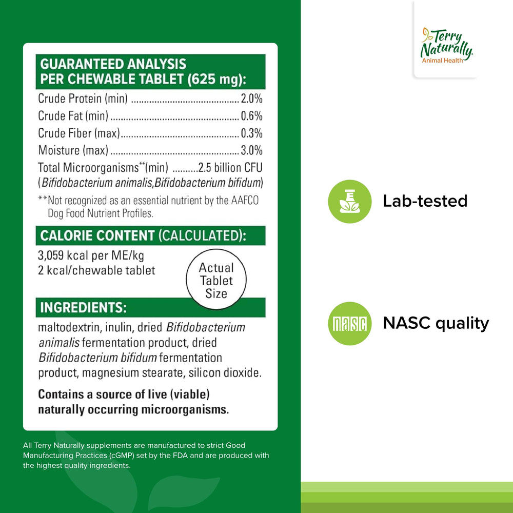 Terry Naturally Probiotic Daily chew-tablet closeup highlights tasty canine probiotic for digestion support.