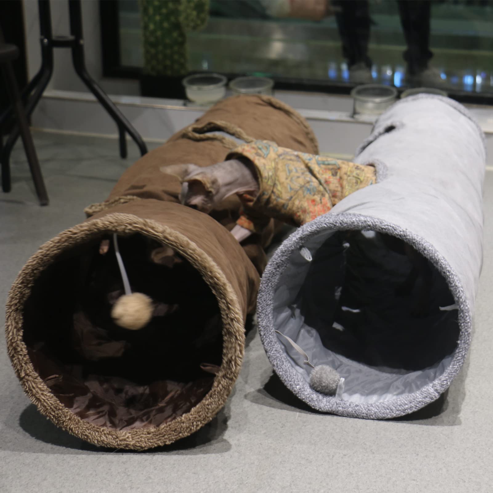 Terunat Grey suede tunnel complements home decor for subtle cats' corner.
