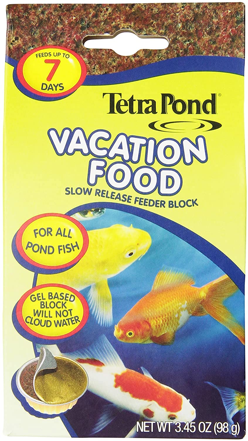 TetraPond Vacation Food Block packaging highlights travel-friendly, mess-free feeding options.