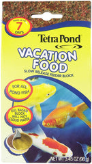 TetraPond Vacation Food Block packaging highlights travel-friendly, mess-free feeding options.