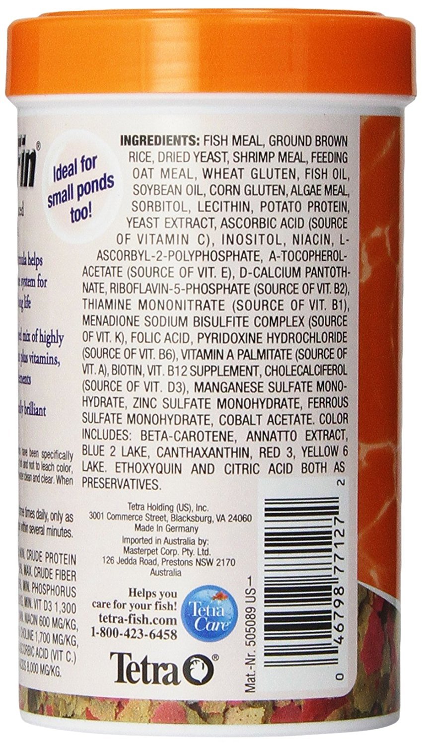 TetraFin Goldfish Flakes packaging emphasizing Clean and Clear Water formula and ProCare