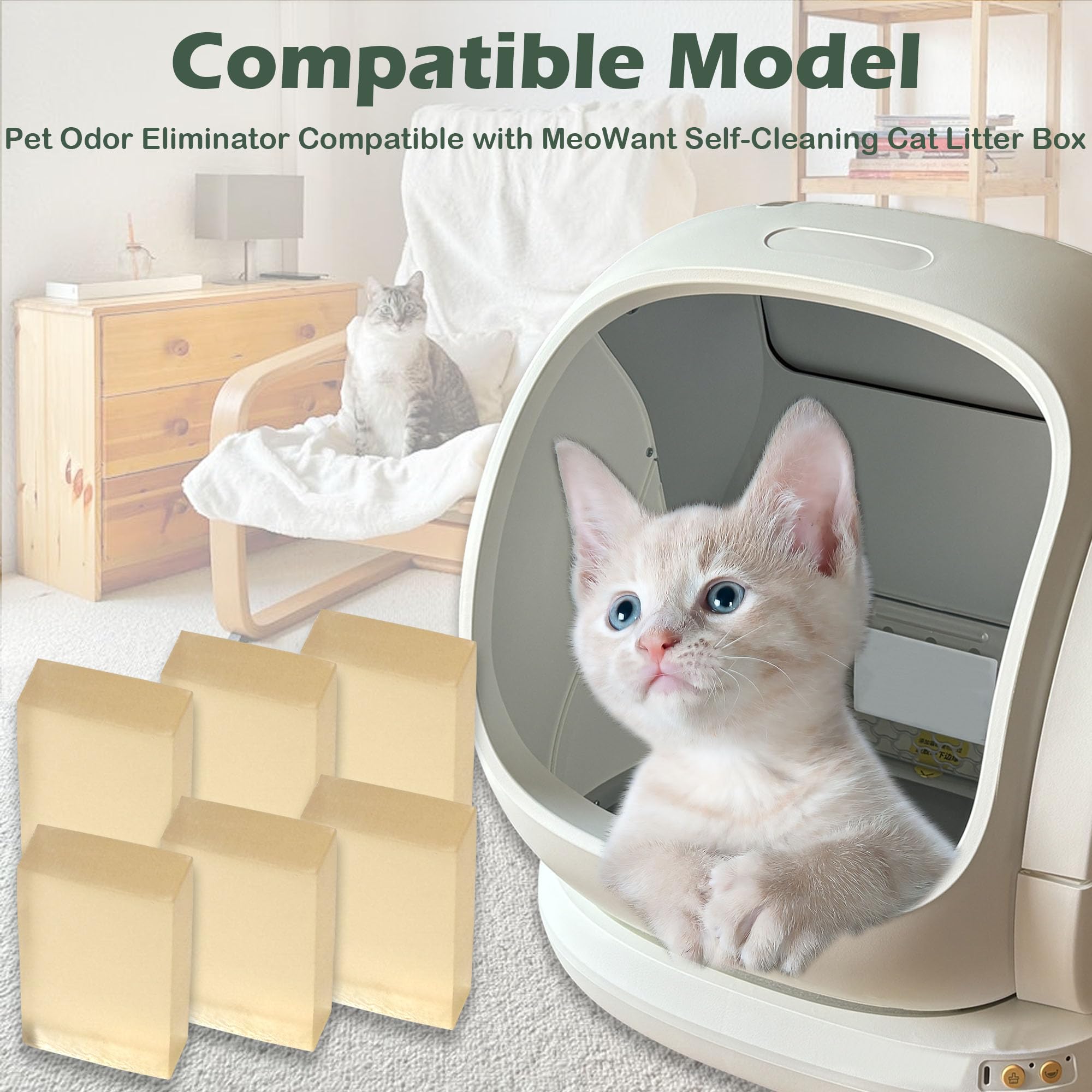 TeurWone MeoWant compatibility image shows deodorizer gel with self-cleaning litter boxes.