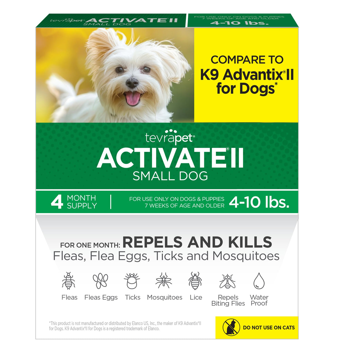 TevraPet Activate II dog flea tick treatment pack with four monthly doses for small dogs.