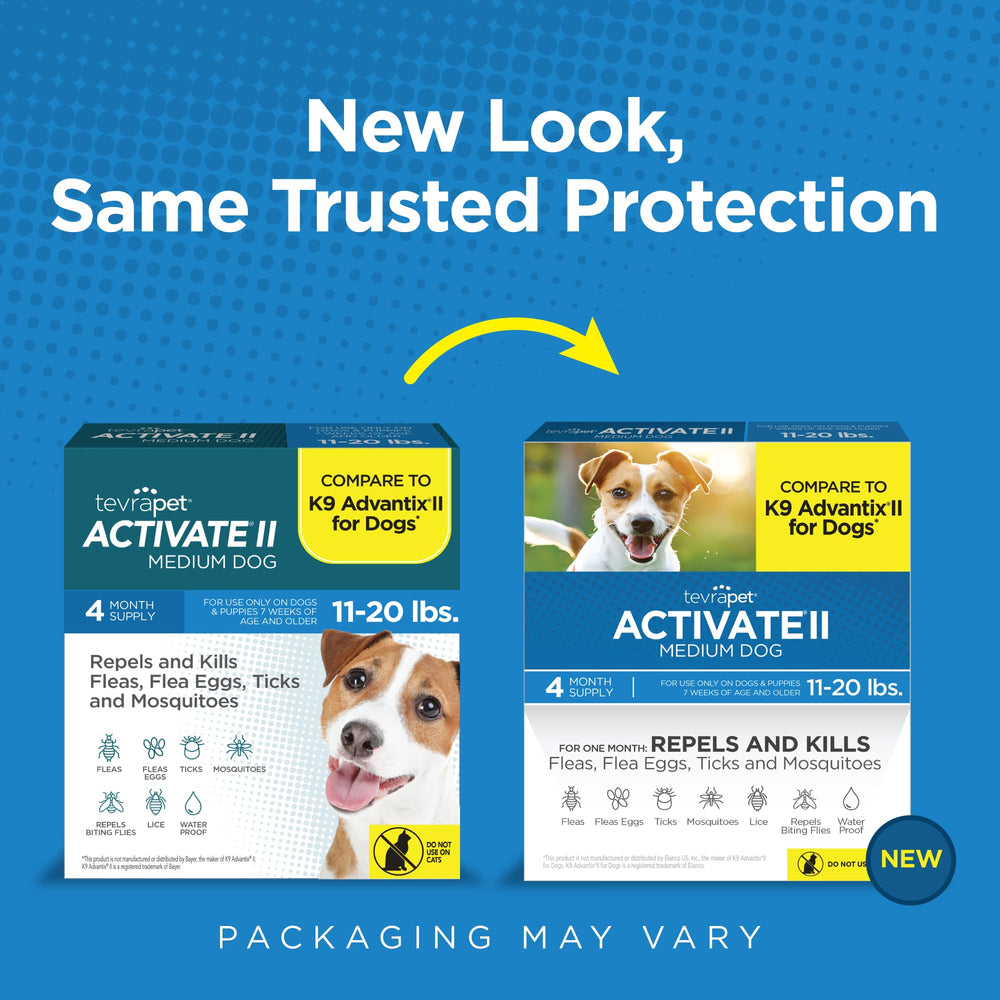 TevraPet Activate II drops bottle highlights waterproof formula for lasting protection.