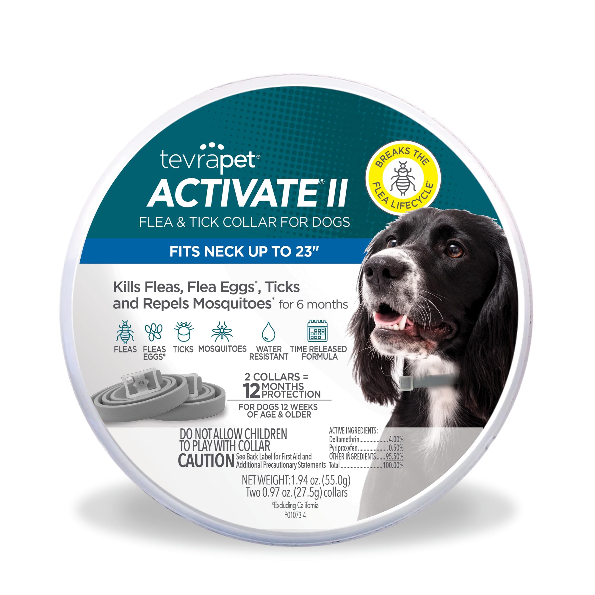 TevraPet Activate II flea collar packaging shows the two-collar bundle for 12-month protection.