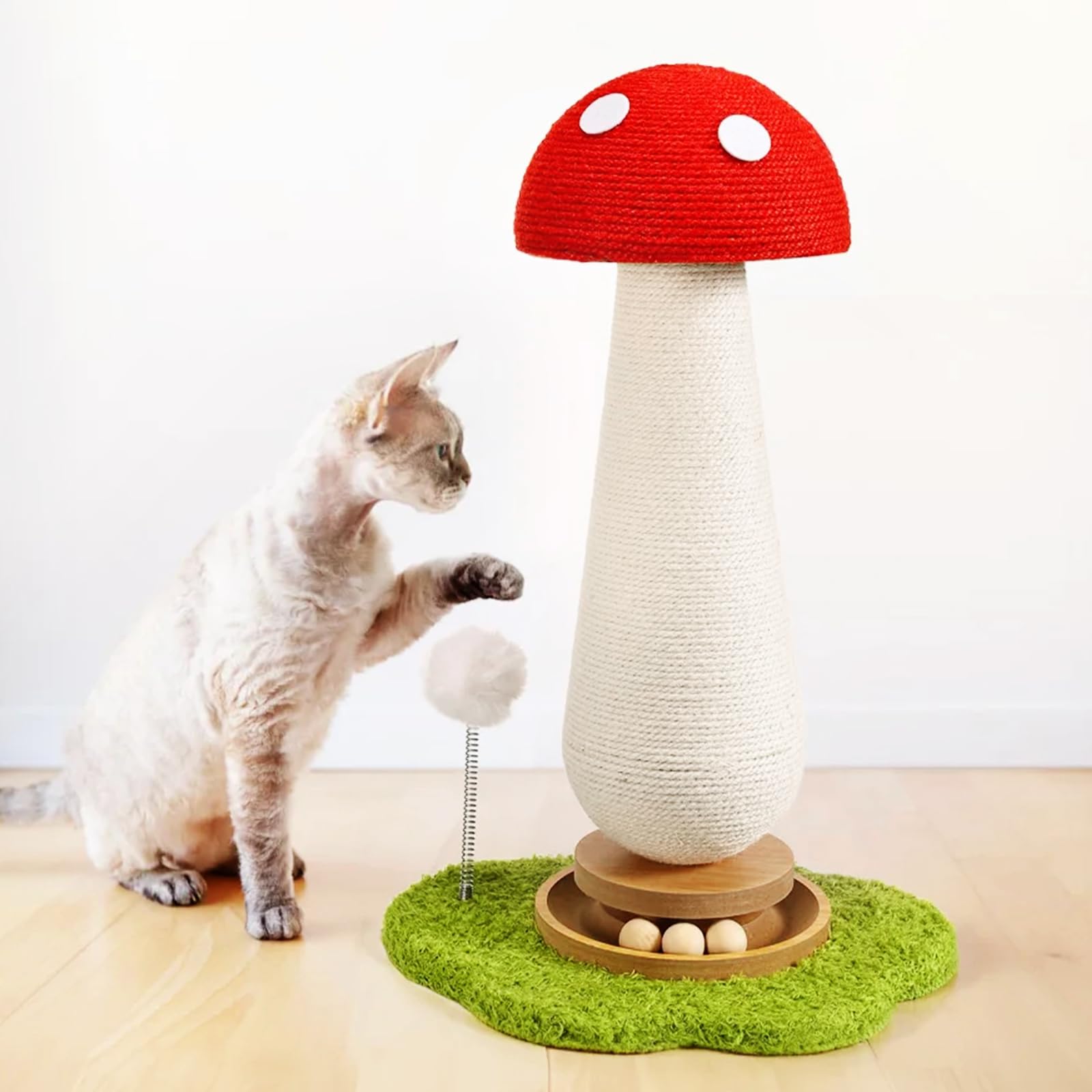 TEWIWAP cat scratcher mushroom shown in an indoor play area setting