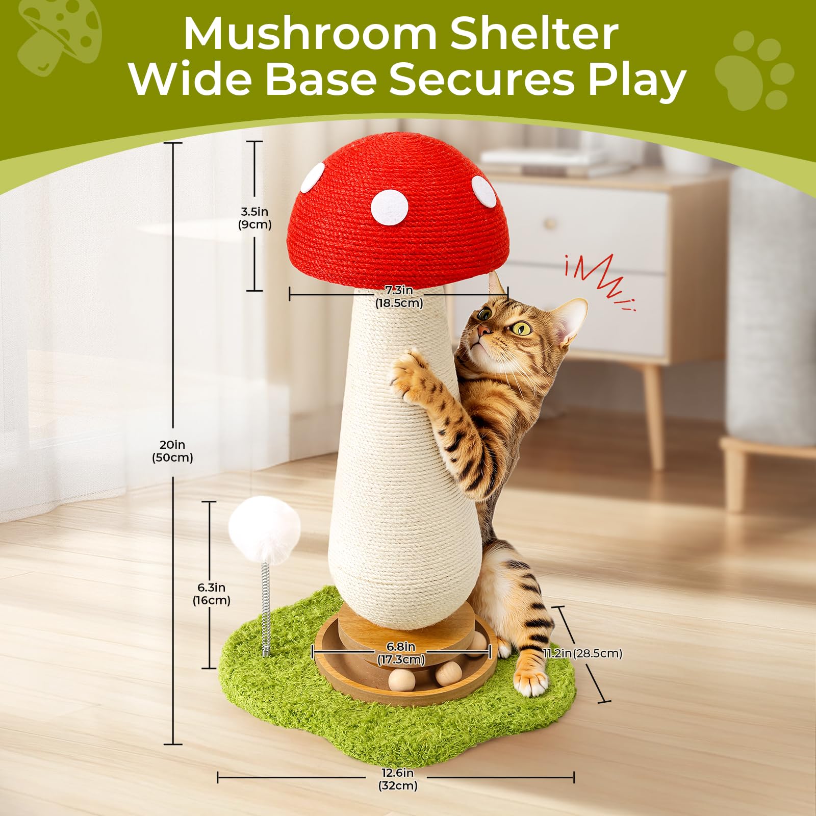 TEWIWAP mushroom scratcher featuring spring ball toys to stimulate hunting instincts