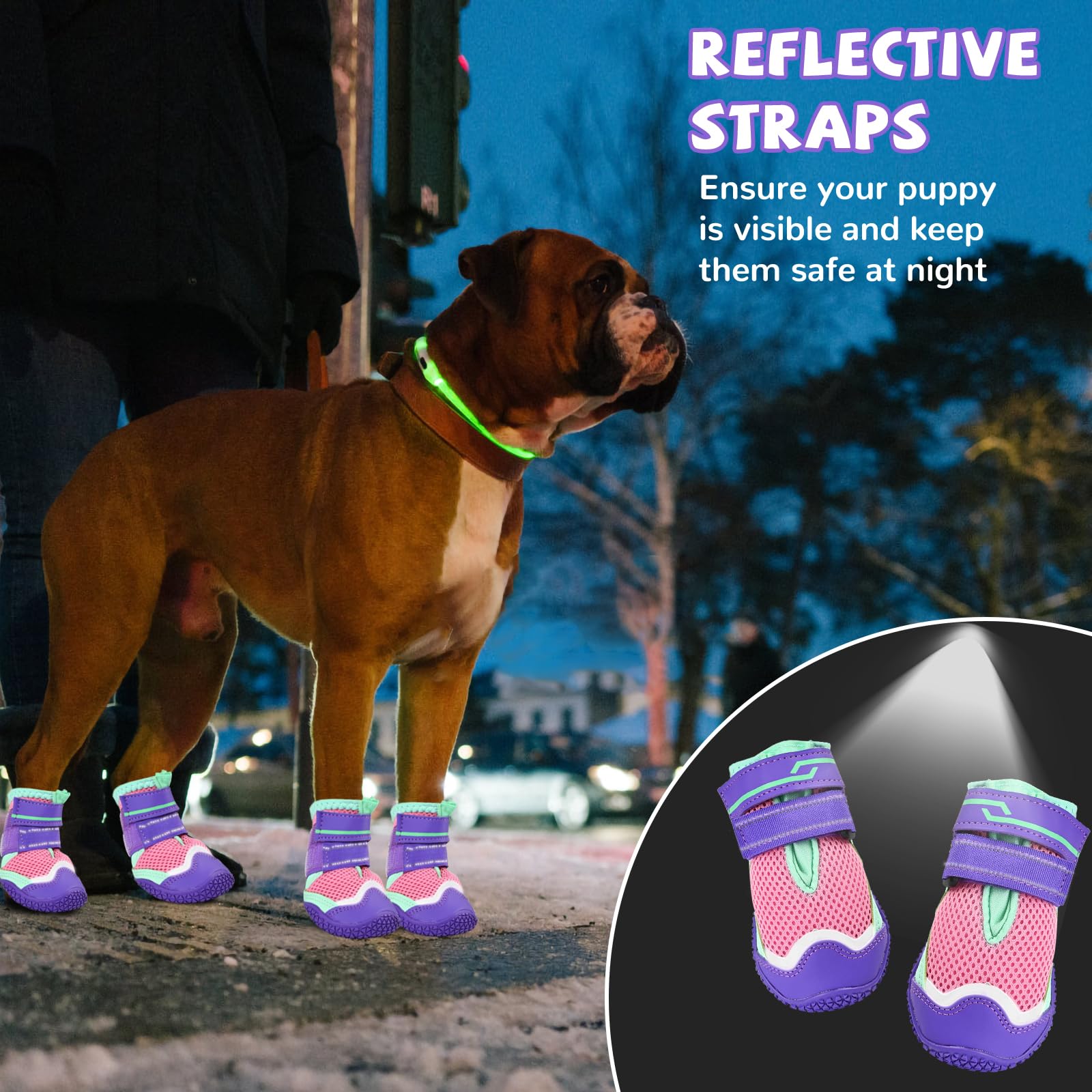 TEWIWAP dog shoes rugged rubber bottom for confident grip on hot pavements.