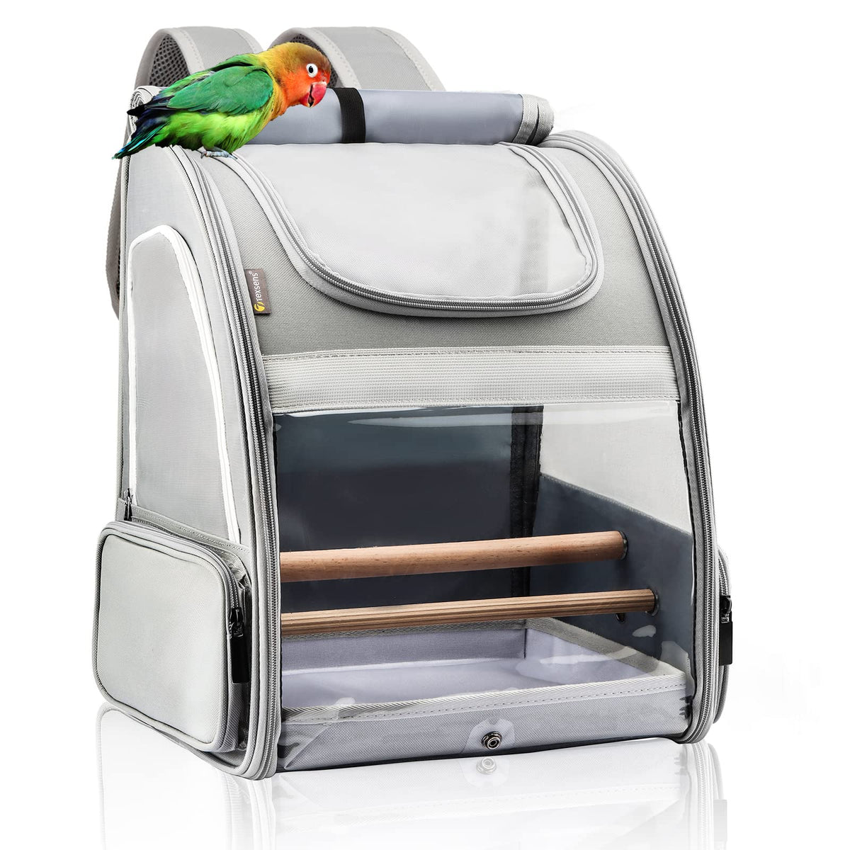 Texsens bird-carrier backpack front view shows breathable mesh and portable design for travel.
