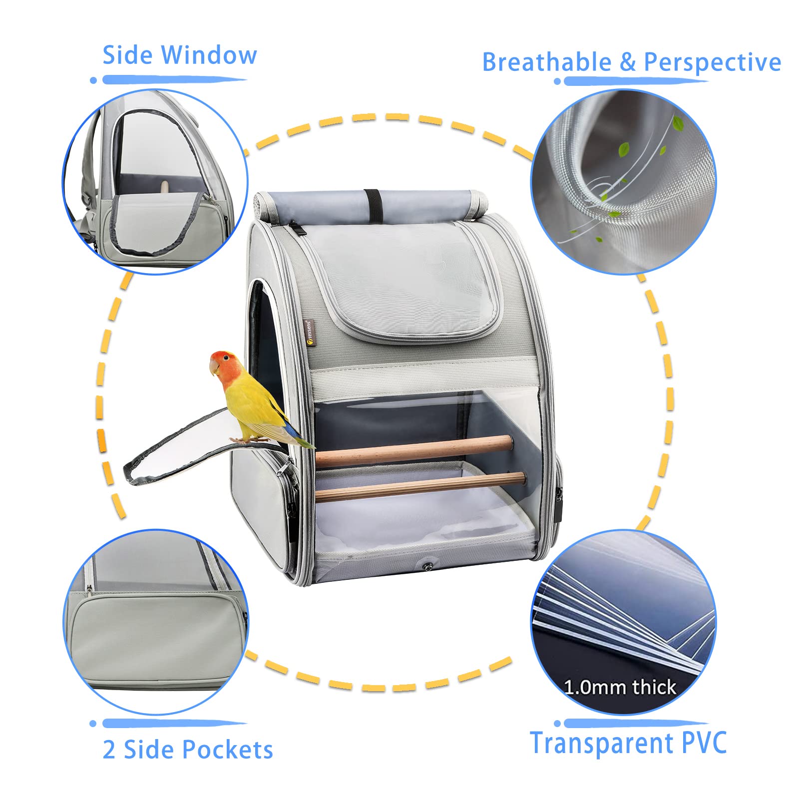 Texsens bird-carrier front window view captures scenery for curious small birds.
