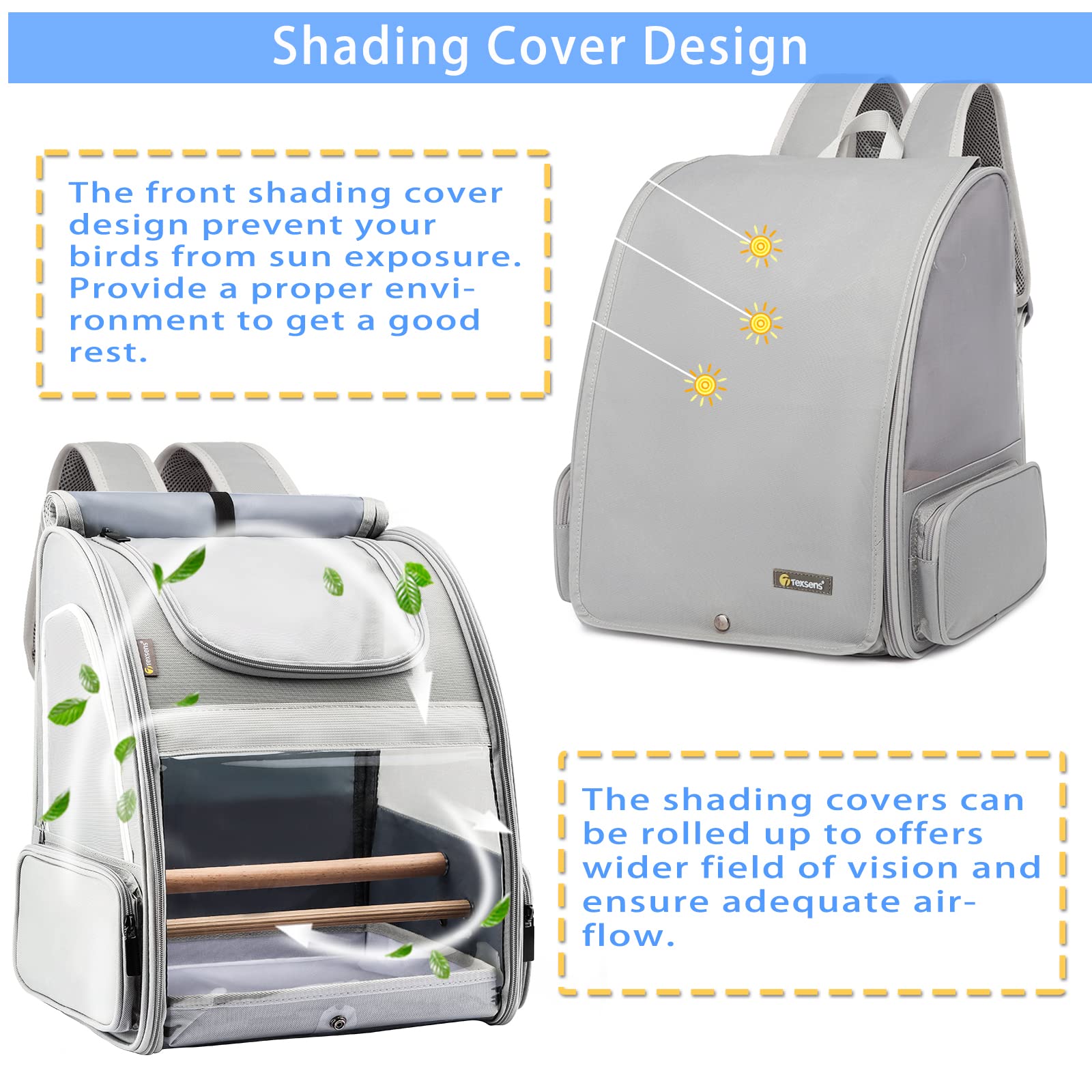 Texsens bird-carrier mesh-ventilation panel demonstrates airflow and pet comfort during trips.