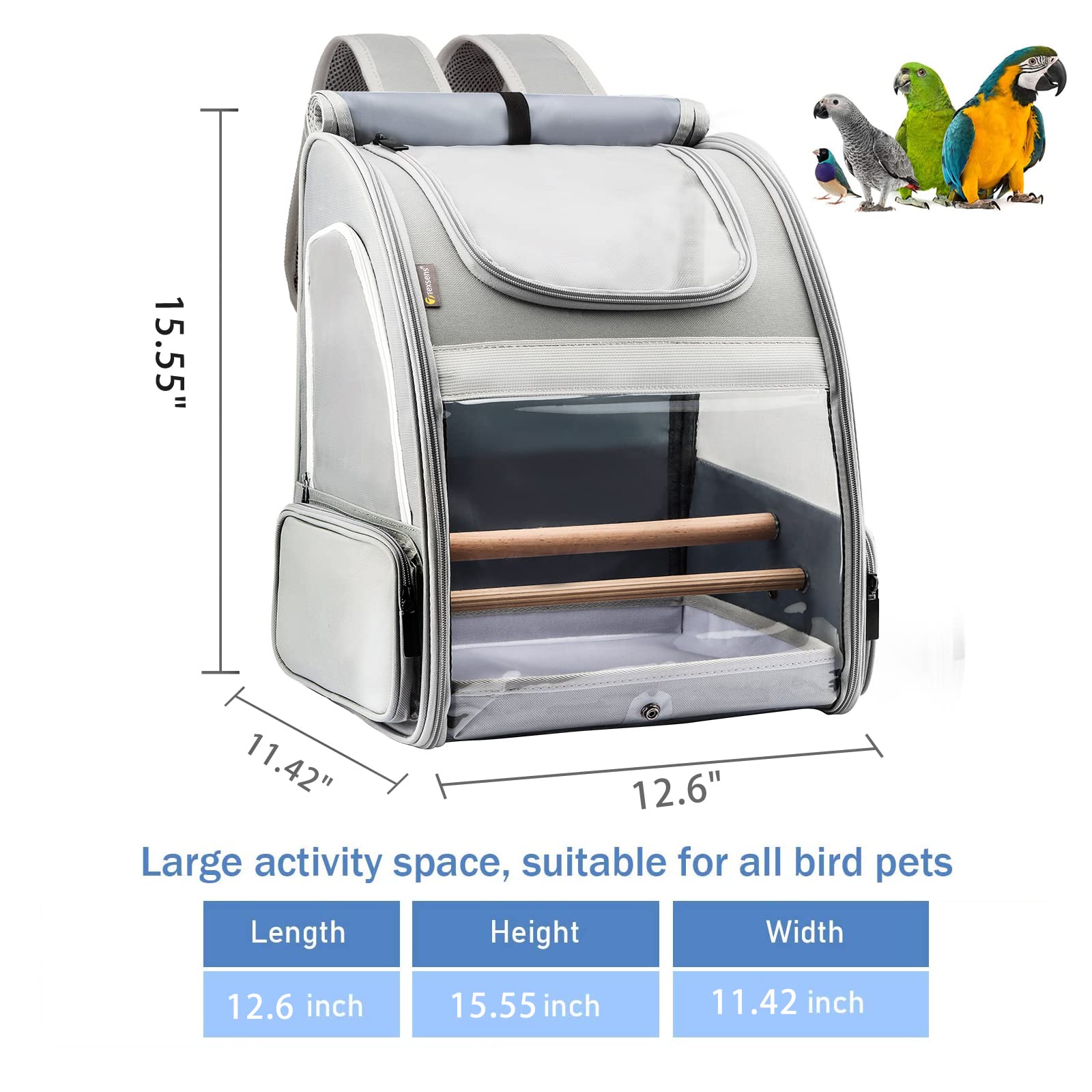 Texsens bird-carrier backpack side view highlights comfortable shoulder straps for hands-free travel.