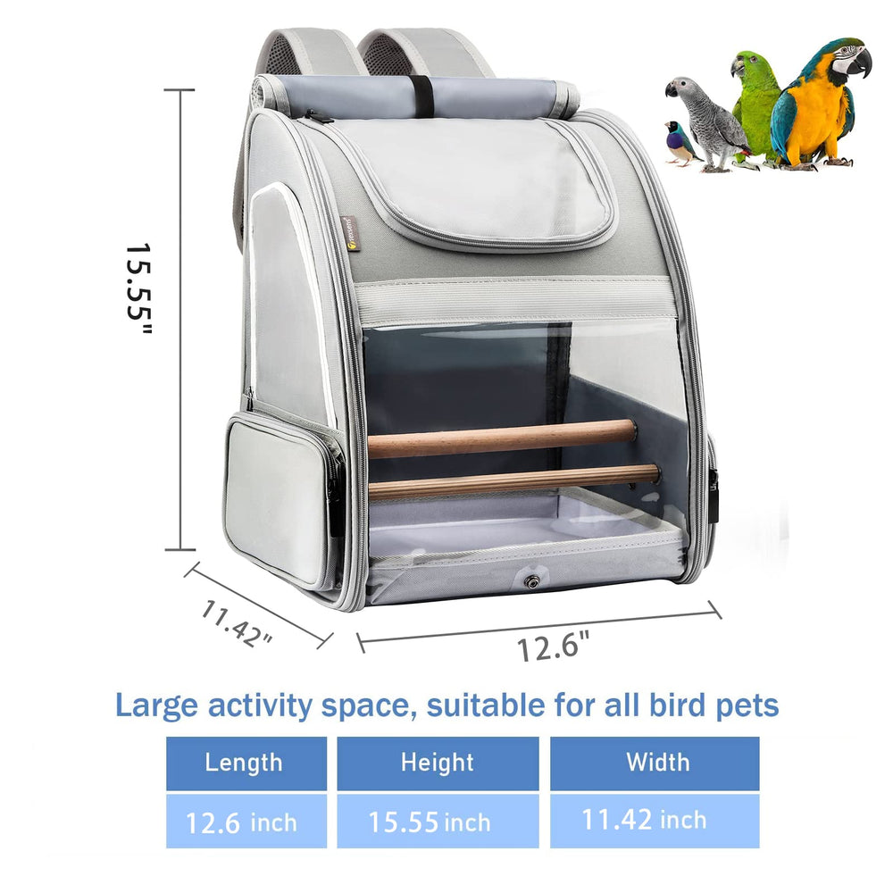 Texsens bird-carrier backpack side view highlights comfortable shoulder straps for hands-free travel.