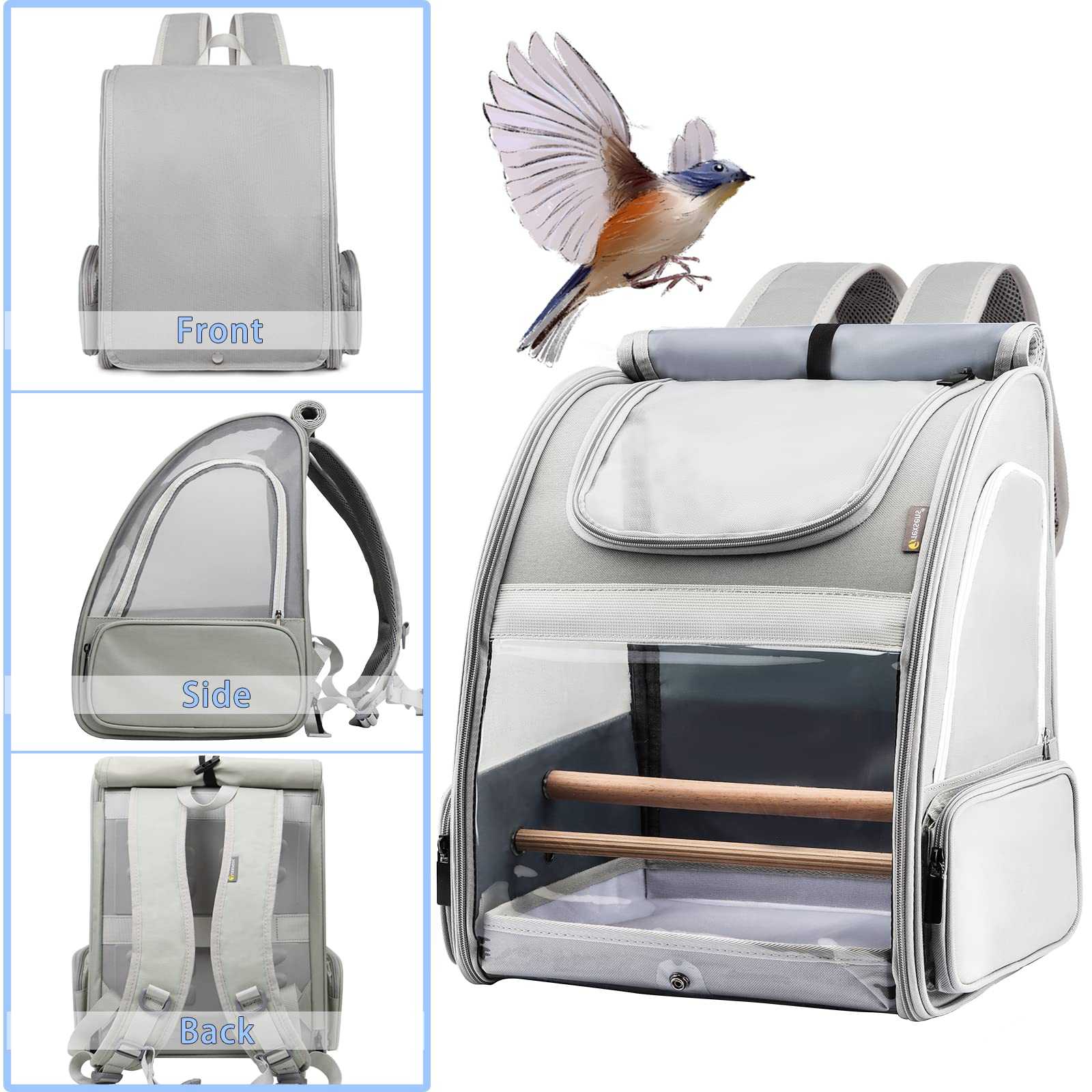 Texsens bird-carrier with upgraded tray emphasizes easy cleaning and stable standing perch access.