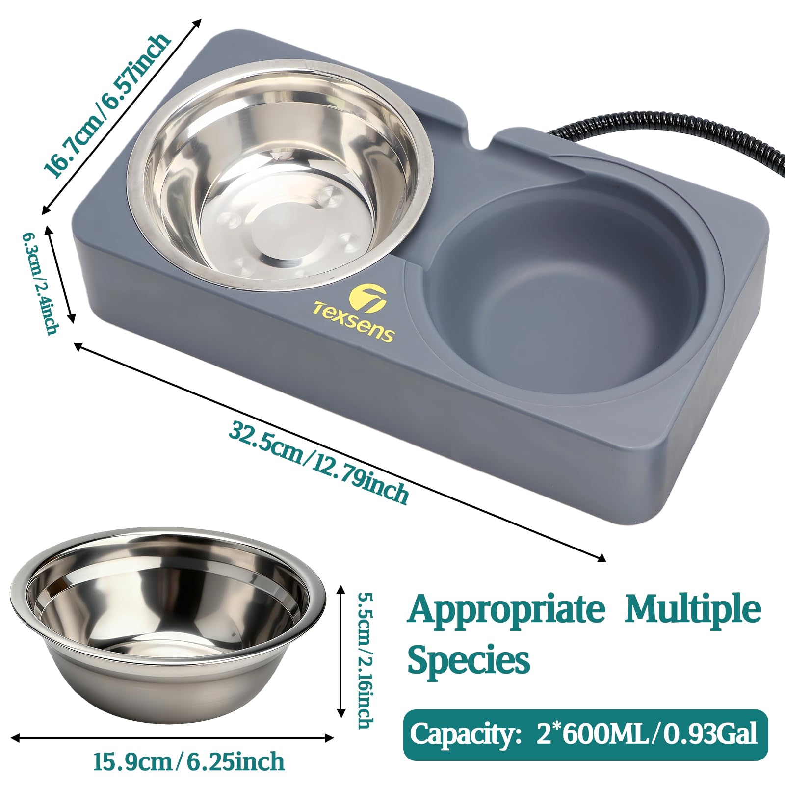 Texsens dual 20oz bowls show warm water to hydrate outdoors.