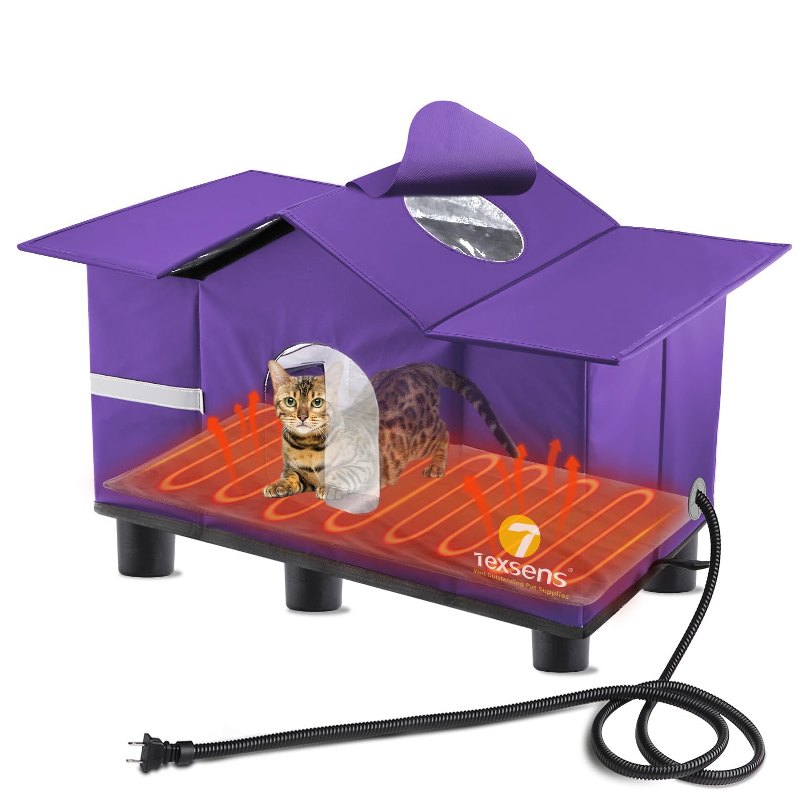 Texsens heated cat house front view showing weatherproof shelter for outdoor cats