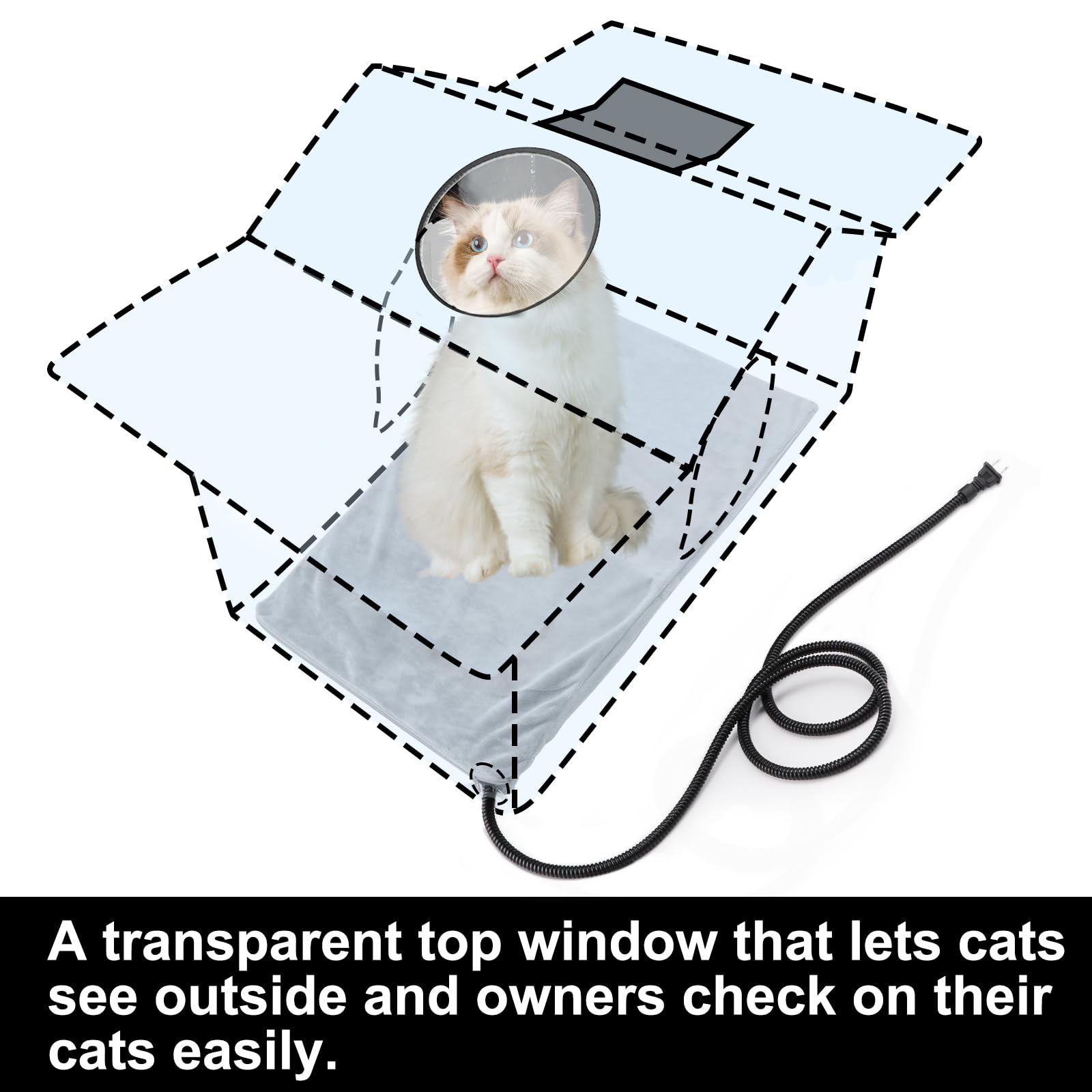 Texsens heated cat shelter interior features a UL-tested heating pad and soft cotton mat for warmth.