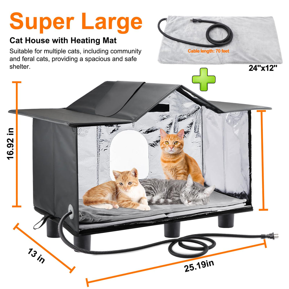 Texsens heated cat shelter close-up shows waterproof awning keeping rain away.