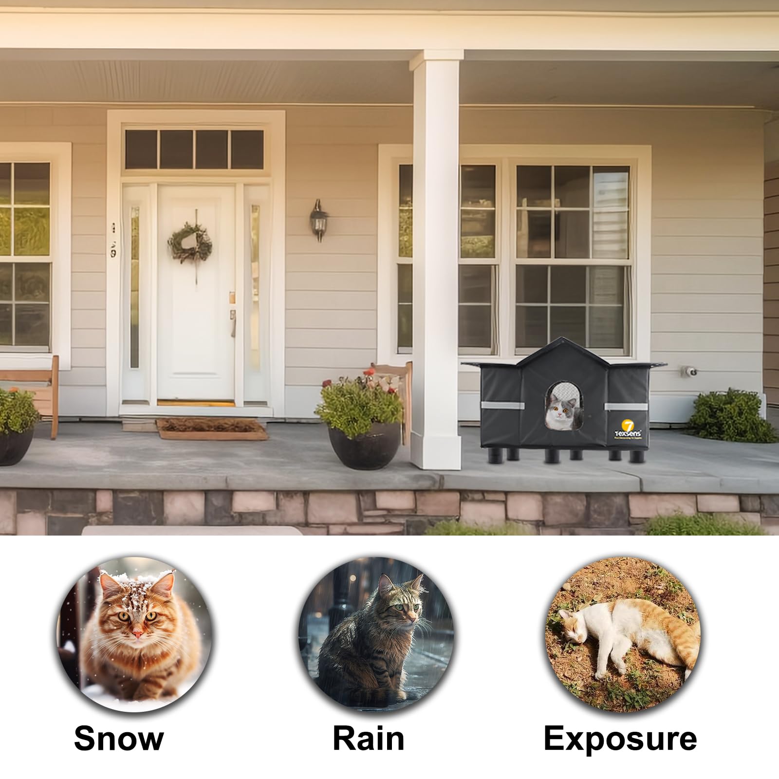 Texsens Outdoor Cat House cozy cushion and mat offer comfortable naps.