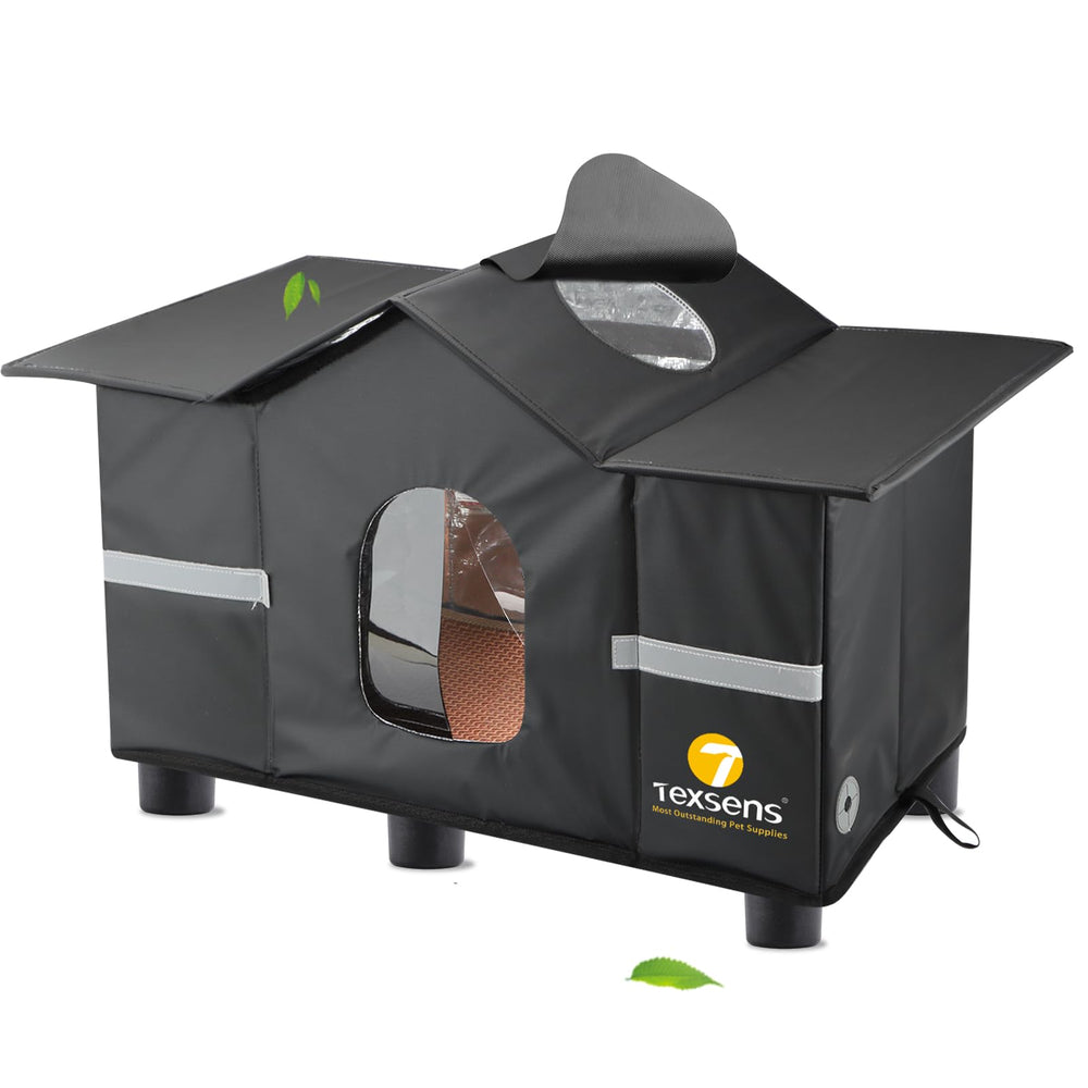 Texsens Outdoor Cat House side view highlighting a roomy shelter for outdoor cats.