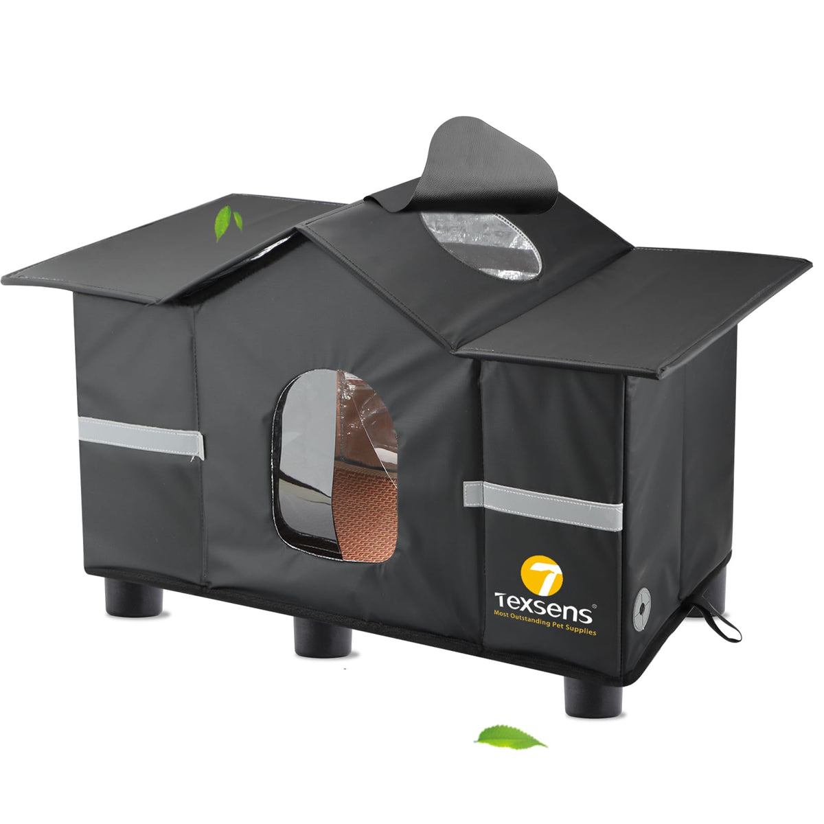 Texsens Outdoor Cat House side view highlighting a roomy shelter for outdoor cats.
