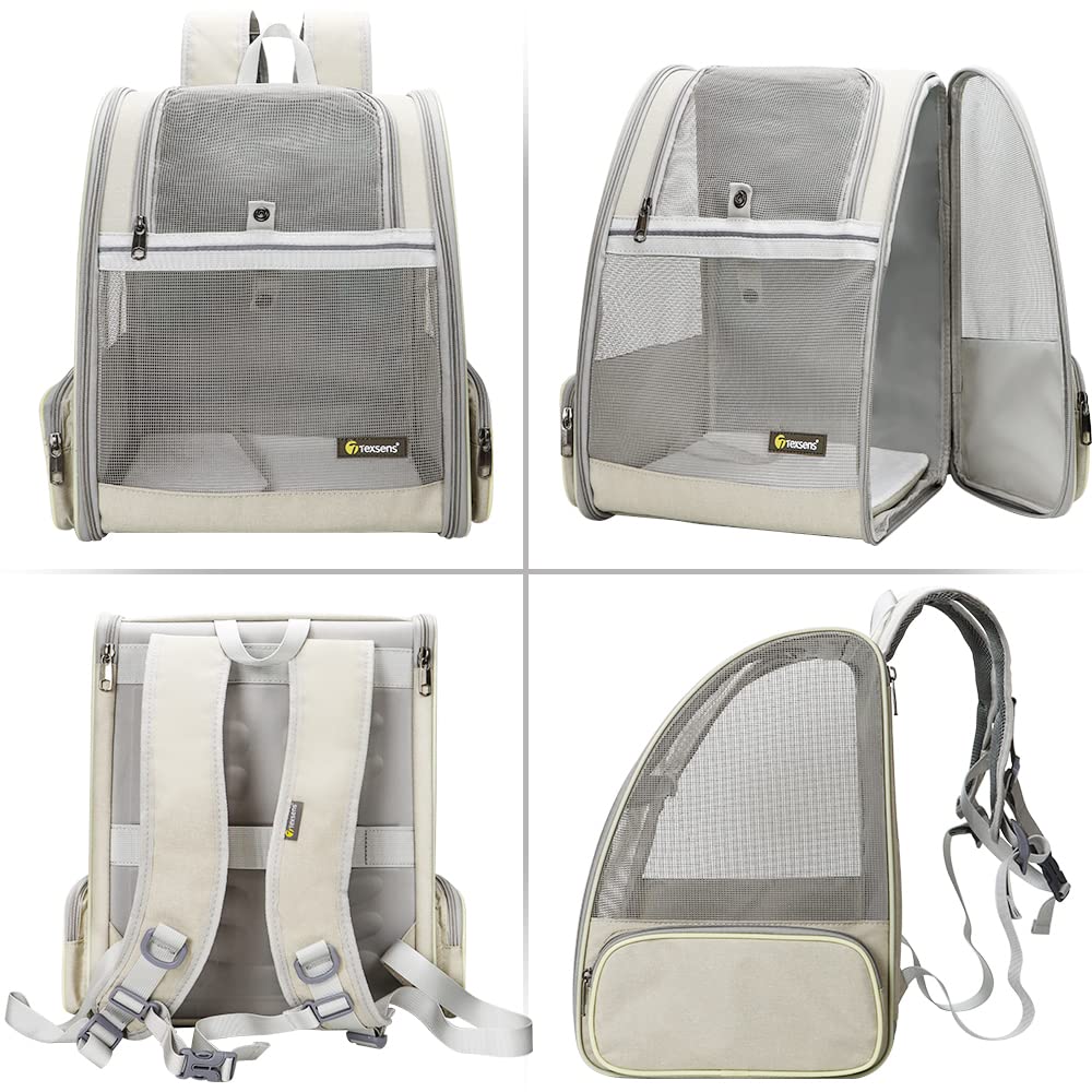 Texsens pet-backpack carrier safety straps and buckle provide secure, comfortable support