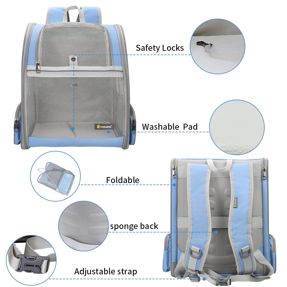 Texsens Pet Backpack Collapsible design folds for compact storage.