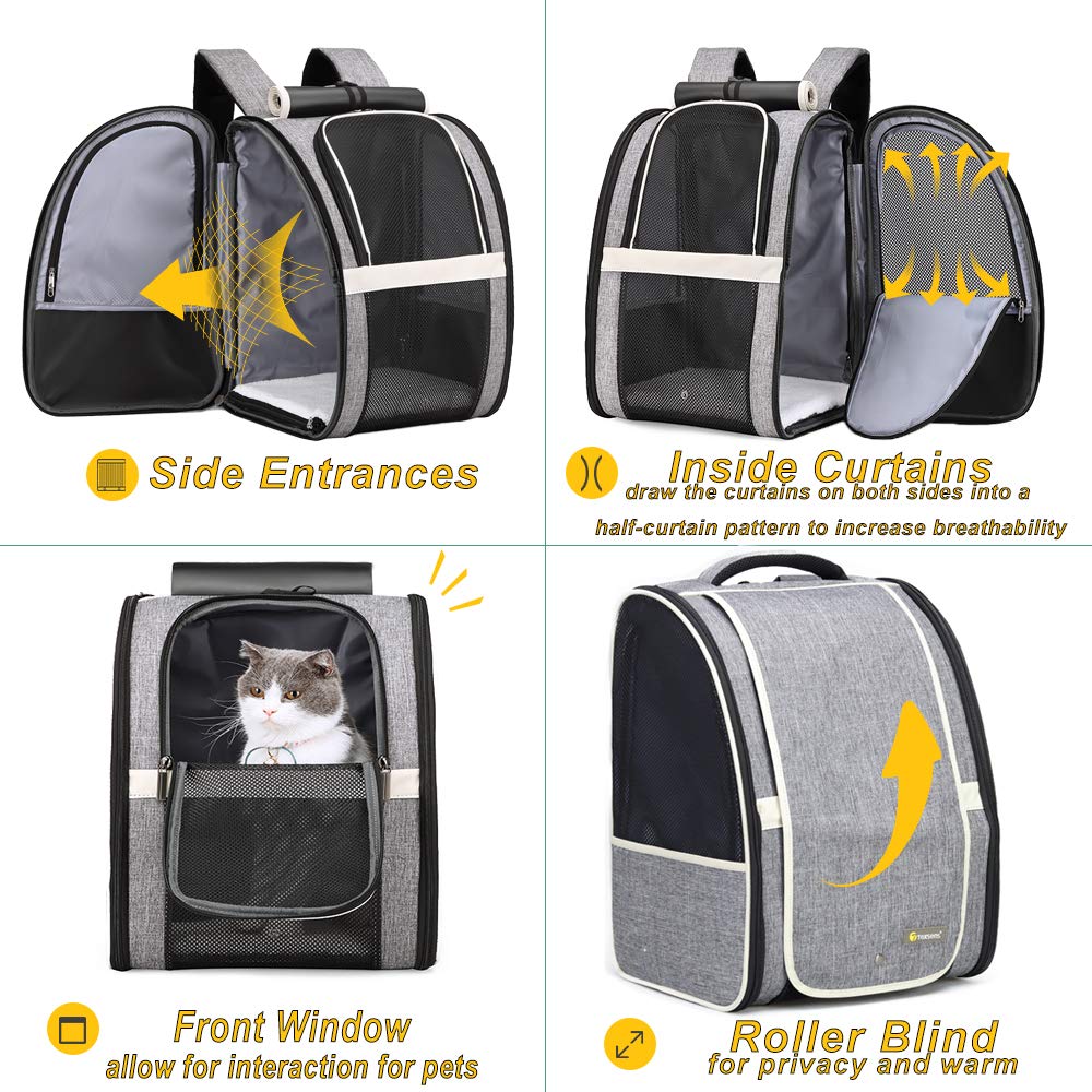 Texsens Pet Carrier Backpack curtains rolled demonstrate breathable airflow and flexibility