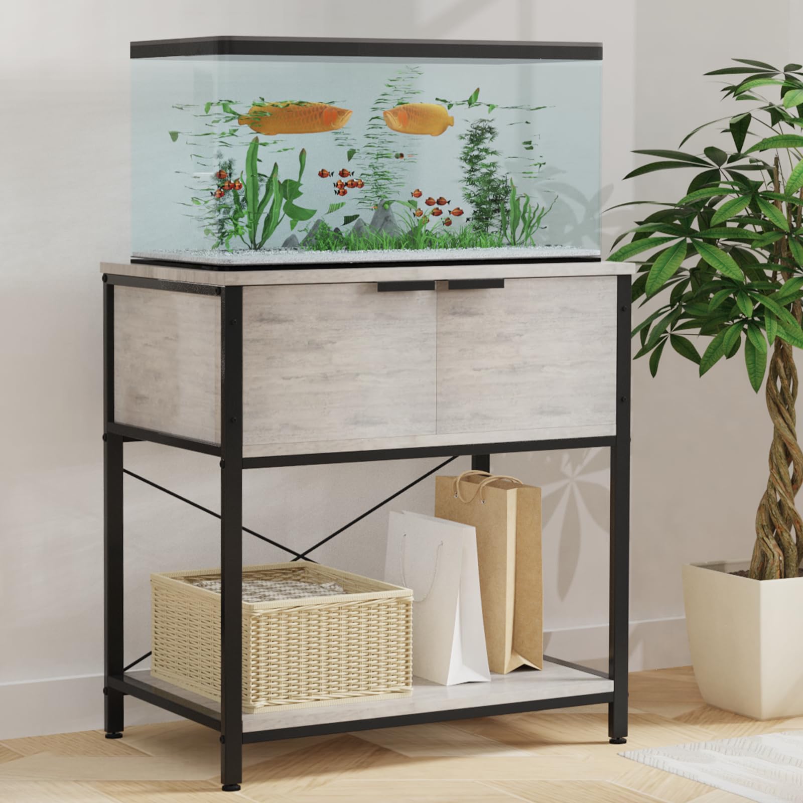 TFK stand cabinet storage view highlighting organized space for fish food and nets
