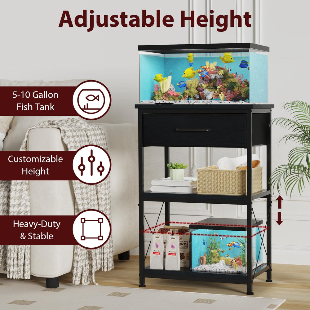 TFK 5-10 gallon stand height-adjustment with drawer open demonstrates adjustable setup benefits.