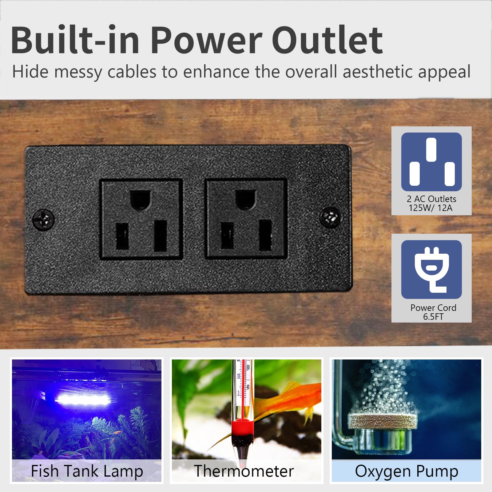 TFK built-in power outlet with adjustable left-right position for aquarium gear.