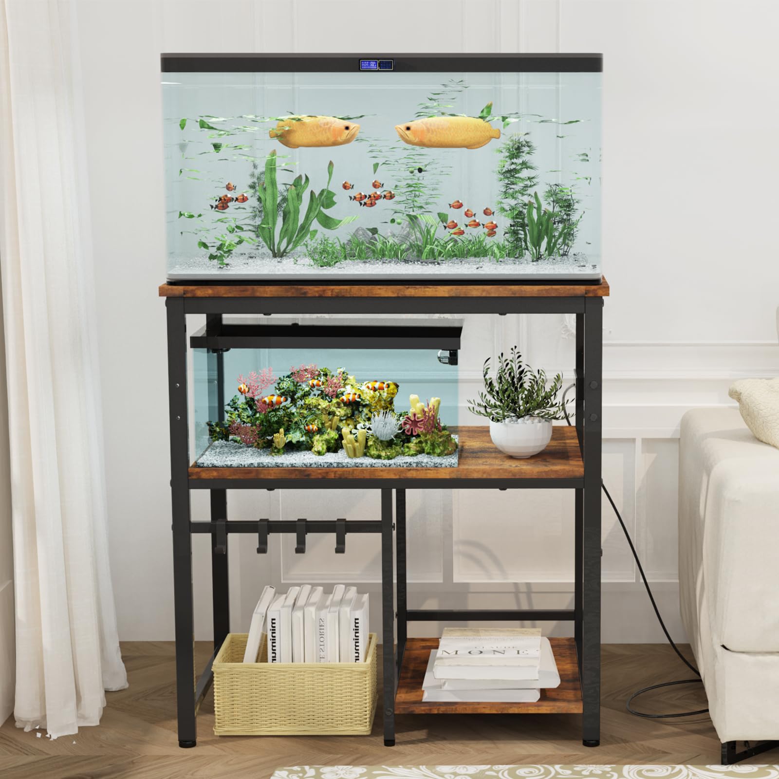 TFK stand lower shelves hold accessories and small tanks up to 160 lbs each.