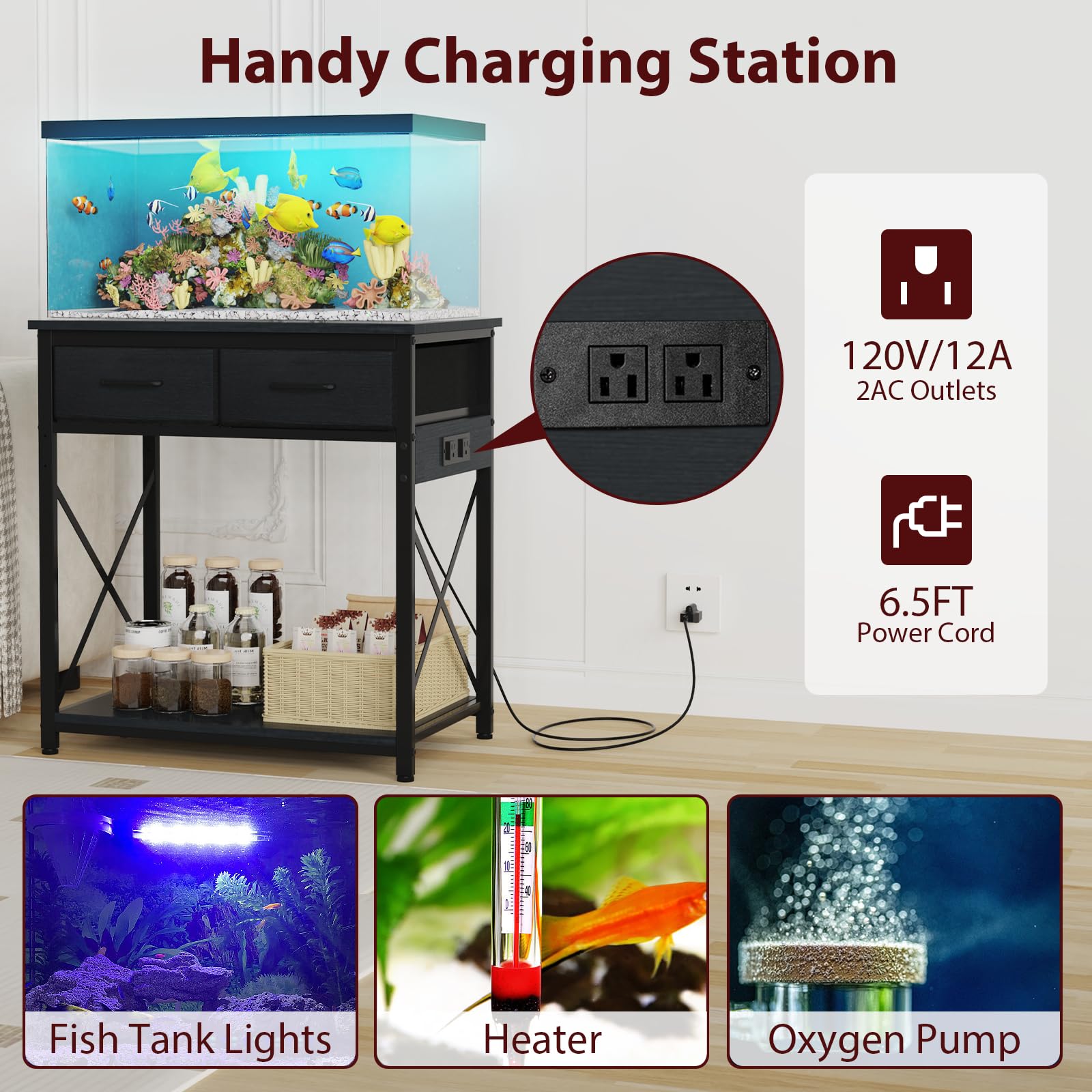 TFK two-storage-drawers-aquarium-stand keeps fish food and tools neatly organized.