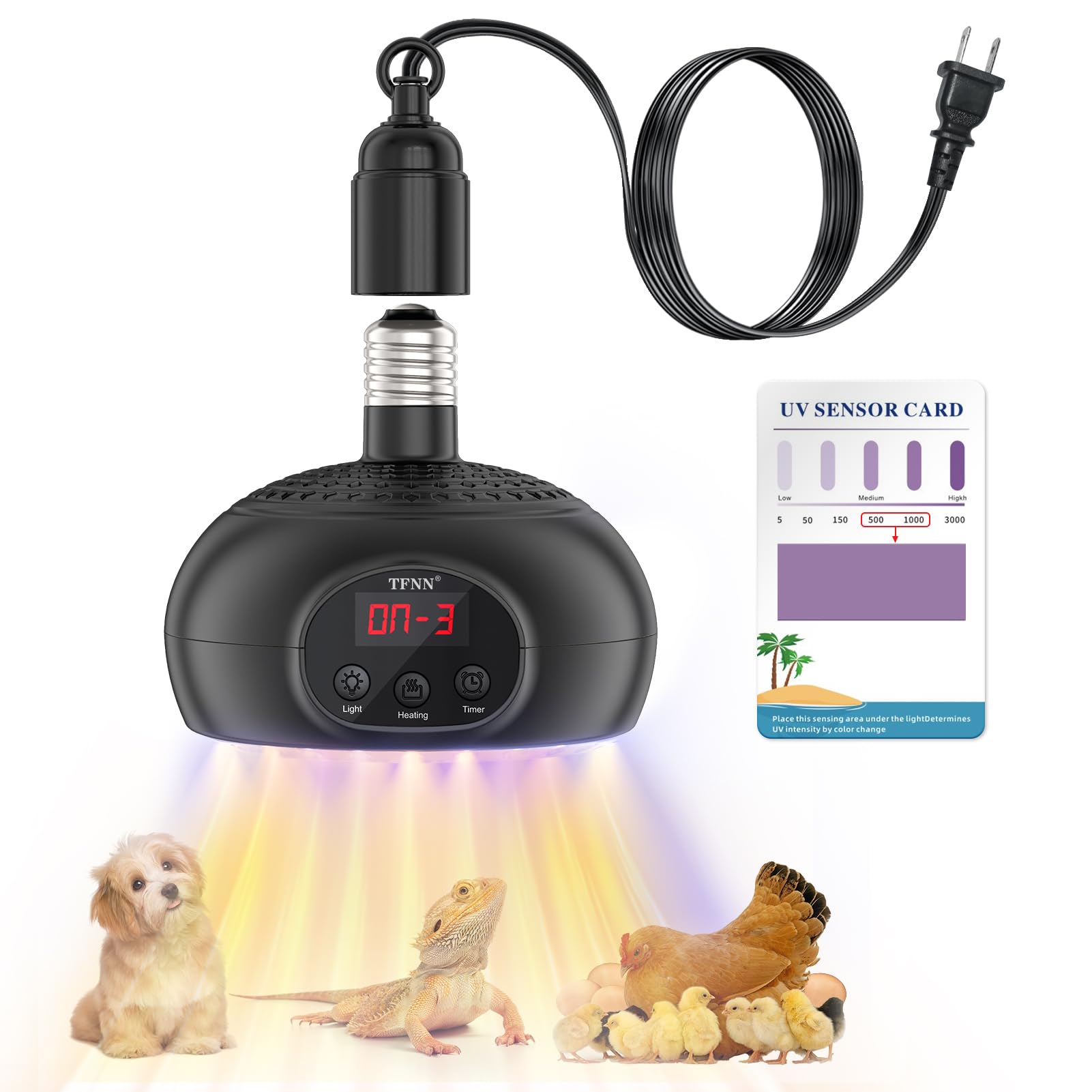 TFNN chicken coop heater lamp 200W UVB spectrum supports poultry warmth and calcium uptake.