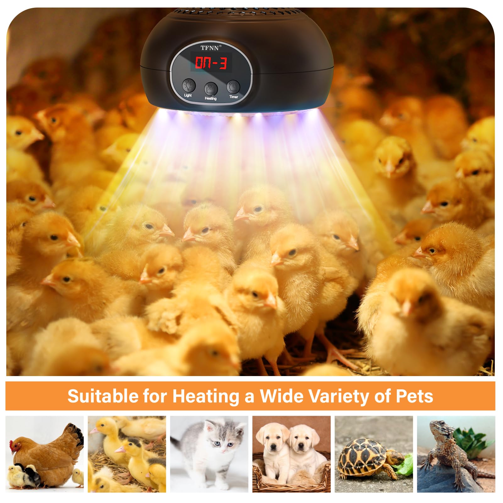 TFNN chicken coop heater lamp top-ring hanging enables quick, secure installation.