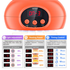 TFNN timer display illustrates 3H-6H-9H-12H programmable heating.