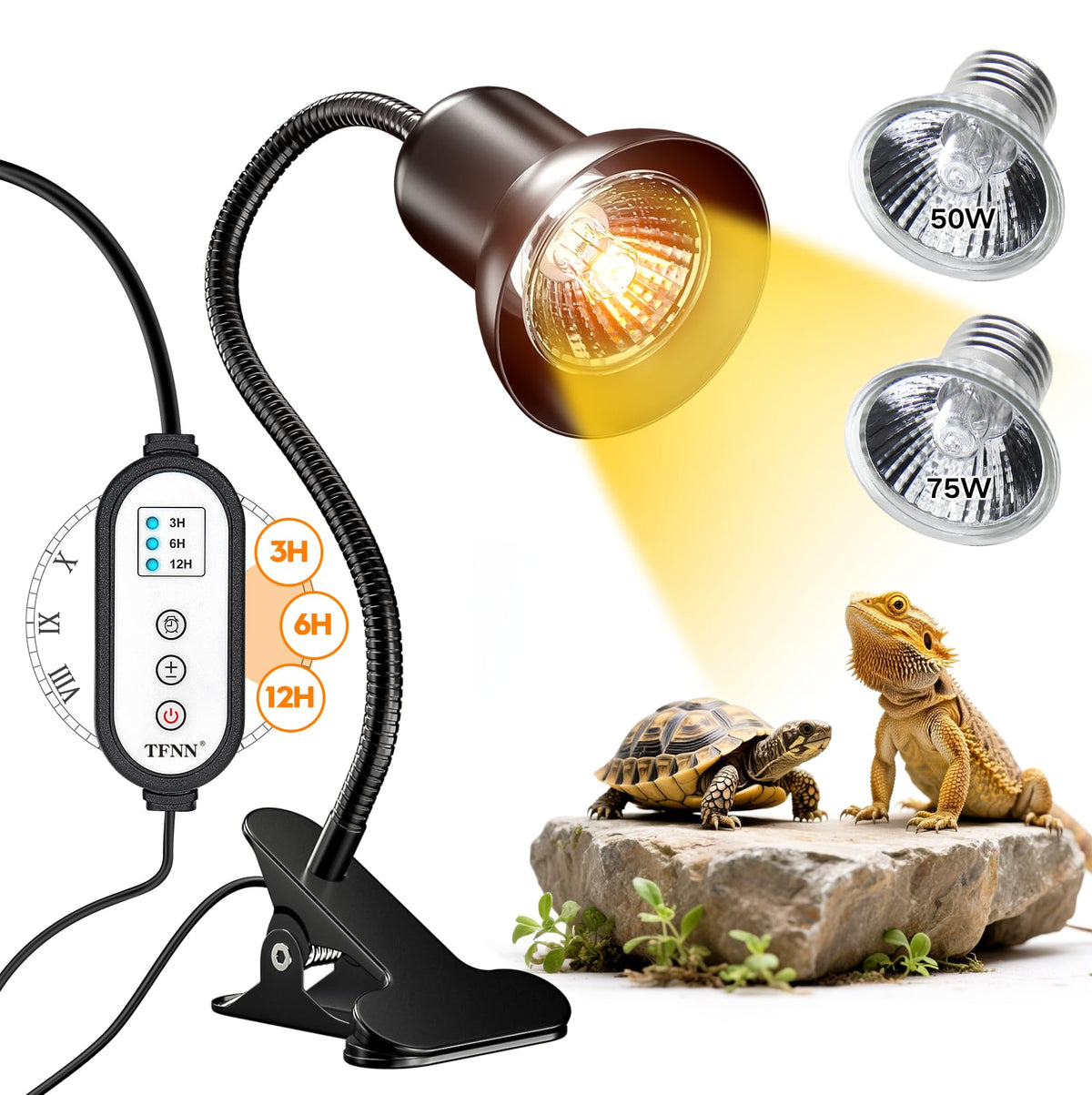 TFNN Reptile Heat Lamp with bell-mouth design widens UVA/UVB coverage for enclosures.