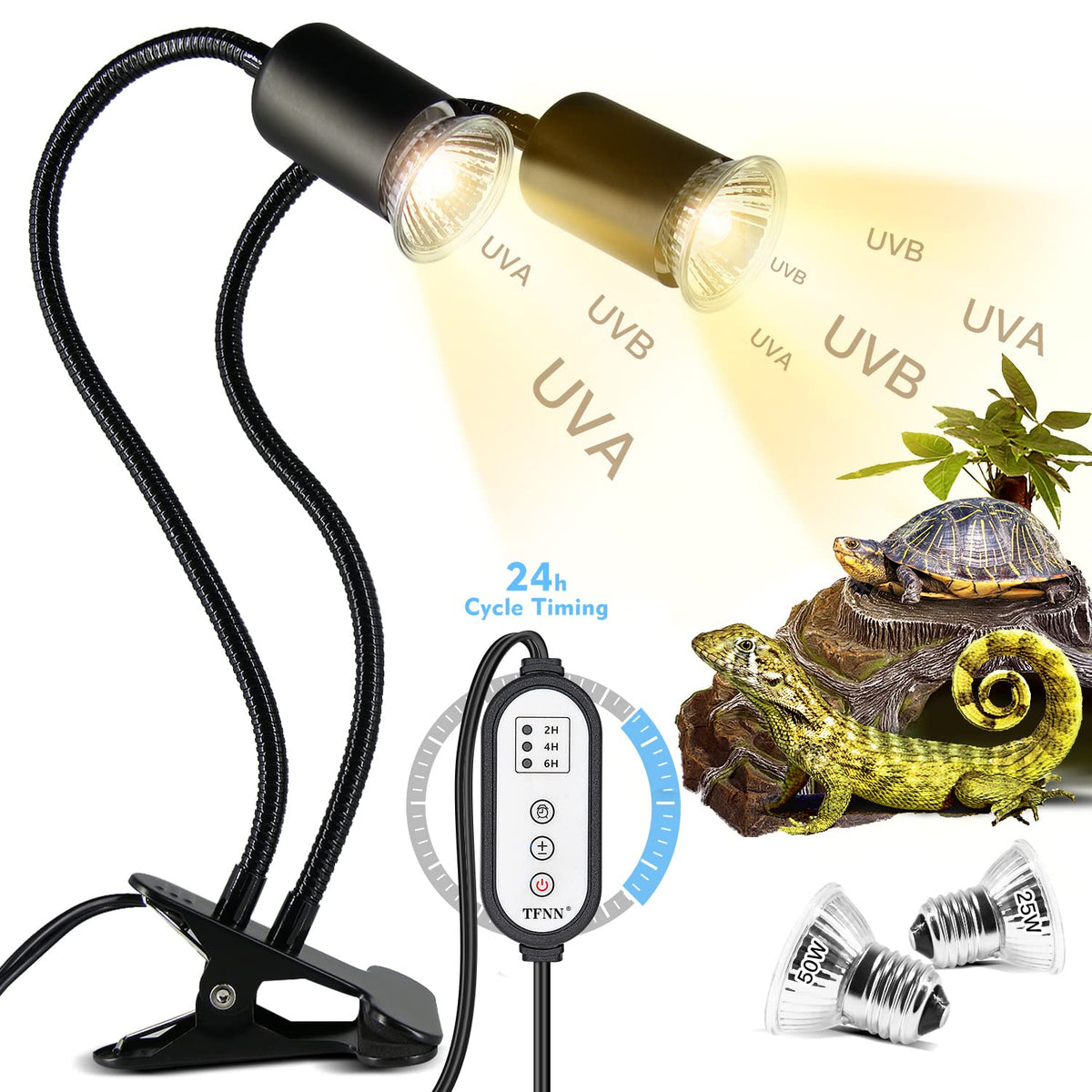 TFNN Reptile Heat Lamp double-head provides customizable warmth for basking in enclosures.